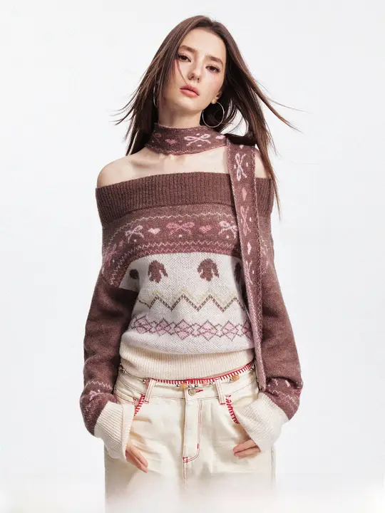 した着心地！露肩ニットカーディガン【秋用・フェアアイル風・配色デザイン】