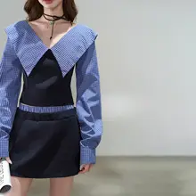セットアップ 2点セット レディース チェック柄 パッチワーク 大きめ襟 ショート丈 お腹見せ 秋 韓流