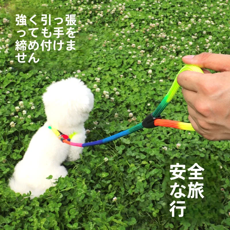 グラデーシ  ョンレインボー犬リード：小型犬用ハーネスの通気性と防咬機能を実証