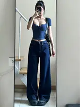 アメリカンビンテージ風 ダークブルー ストレートデニムパンツ【レディース・秋冬・ワイドレッグ】