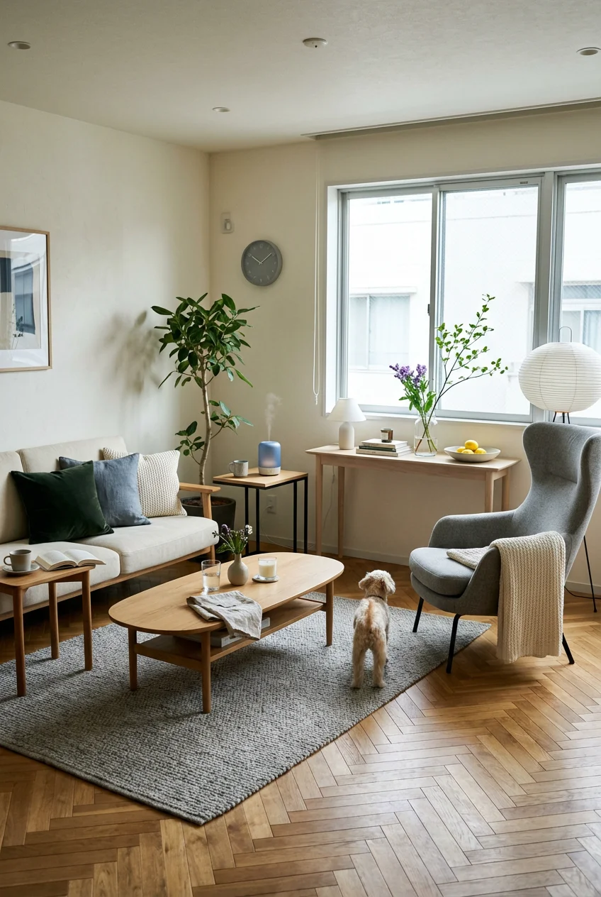 揃えるミニマリスト部屋づくりアイテム | 防水ベージュラグで実現するシンプルで安心な空間