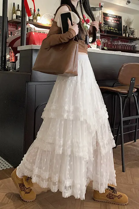 高腰ホワイトチュールAラインスカート【フレアデザイン・春用】