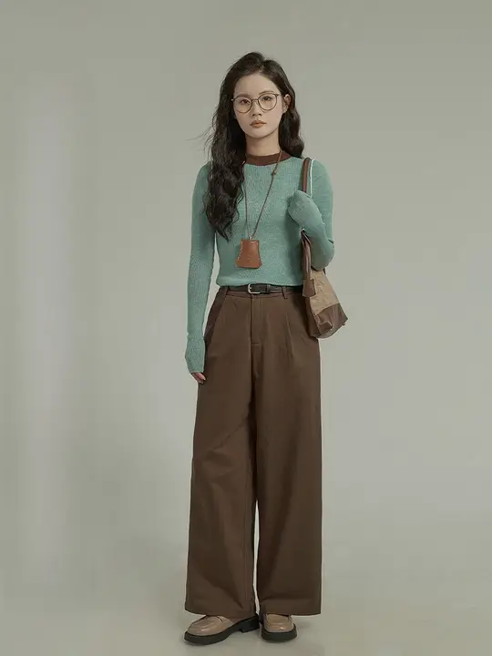 HUIXI レディース ブラウン カジュアルパンツ【ハイウエスト・ストレート・春用】
