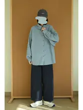 フィット長袖シャツ【ストライプ・ブルー・ボタン付き】