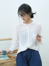 リネン製 春夏用 レディース ボタンダウンシャツ【シンプル・レトロスタイル・立ち襟】