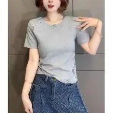 大きいサイズのレース透かしデザイン半袖Tシャツ【夏用・コットン・スリムフィット】