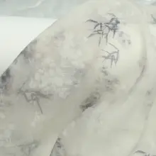 古風薄手半透明布地【淡灰色・水墨風竹葉柄・化繊テンサル製・和服用】
