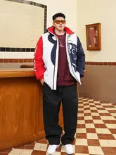 冬用 メンズダウンジャケット【フード付き・重ね着スタイル・ゆったりシルエット・カラーブロック】