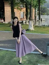高腰紫色コットンリネンAラインスカート【中長丈・2点セット・黒いタンクトップ付き】
