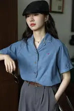 高品質なブルー刺繍のデザインショート袖デニムシャツ【レディース・夏用・シンプル・ヴィンテージ風】