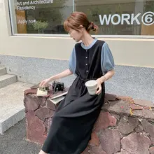 黒のコントラストデザイン ワンピース【フィット感とスリム効果・夏用・フランス風】
