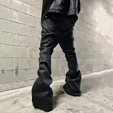 高街スタイルの黒色コーティングストレッチデニムパンツ【極上の柔らかさ・フレアデザイン・長丈】