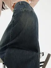 レトロなデニムハイウエストミディスカート【Aライン・スリット入り・秋冬用】（セットアップ対応）