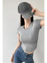サイドギャザー入りショートスリーブTシャツ【グレー・露出デザイン・夏用・フィット感】