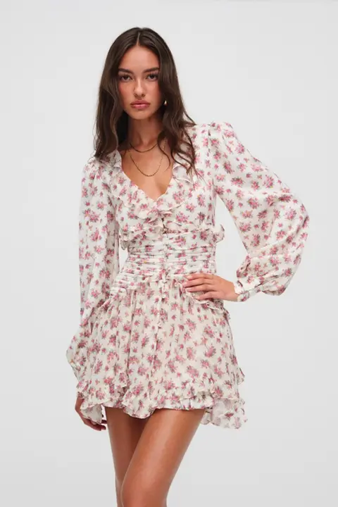 法式ロマンティックフラワープリント長袖ドレス【レースフリル・ウエストマーク・スリムフィット】