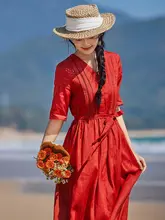 通勤にぴったりなVネック大ぶりスカート【高腰・赤・夏用・旅行やビーチに最適】