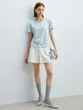 Tシャツ レディース 半袖 クルーネック リネン フェイクレイヤード ブルー カジュアル 夏