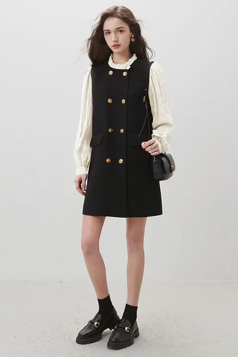 ブラックロングスリーブドレス【木耳レース・シンプルデザイン・小柄向け】