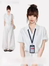 女性用 白色Vネックショートスリーブシャツ【フィット・通勤用】