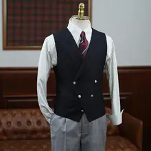 IsirHonour メンズダブルブレストブレザー風ベスト【ネイビー・金属ボタン・肩パッド付き】
