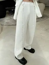 高級感漂うハンドメイドパールとストーン装飾のストレートパンツ【フィット・ワイドレッグ】