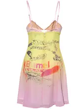 個性的なグラフィックプリントのレースキャミソールドレス【セクシーなVネック・短丈】