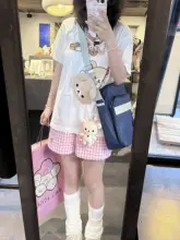 可愛い四葉クローバー刺繍のショートパンツ【ピンク白チェック・黒白チェッカー】（セットアップ対応）
