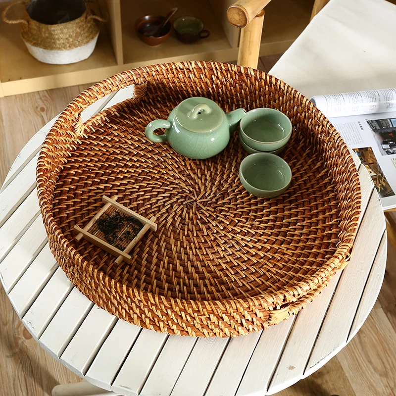 梅雨に備えて買うべき！KENS 手作りラウンド籐編茶盤【持ち運び可能・茶器用・お菓子・フルーツ用】