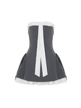 グレーのリボン付きビスチェドレス【Aライン・ウエストシェイプ】