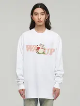 長袖Tシャツ ユニセックス クルーネック うさぎ柄 オーバーサイズ ルーズ お揃い カジュアル 春 秋 ストリート 「WASSUP HEODS」