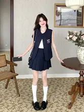 深い青の韓国風JK制服ベストとプリーツスカート【夏用・小柄向け・細見えデザイン】（セットアップ対応）