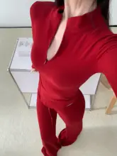 エレガントな立襟デザインの長袖トップス【細身シルエット・ドローストリング・女性用】、フレアパンツ【ロング丈・ハイウエスト・スリムフィット】（セットアップ対応）