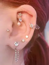 紫色のビジュー付き吊り下げイヤリング【チタン製・パールデザイン・両頭タイプ・取り外し可能】