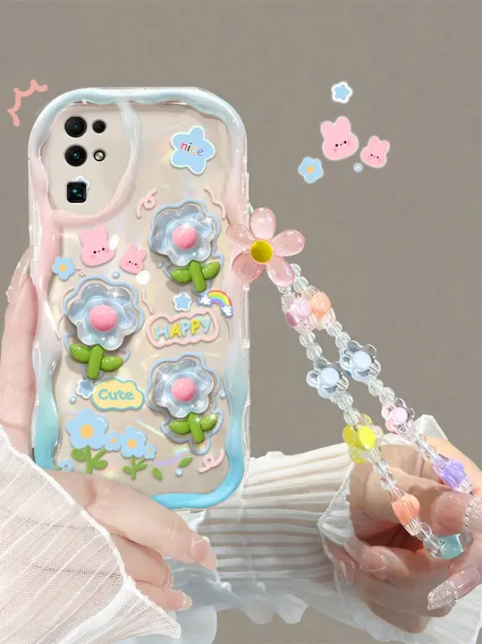水色の立体花デザインのスマートフォンケース【ソフトシリコン・防摔機能・華やか】（セットアップ対応）