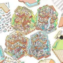 温もりのある大きなサイズのミニチュアハウス3Dシーン手帳用ステッカー【DIY手作りアート】