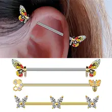 チタン鋼製ピアス【花と蜂のデザイン・ロングイヤーブリッジ・両耳対応】