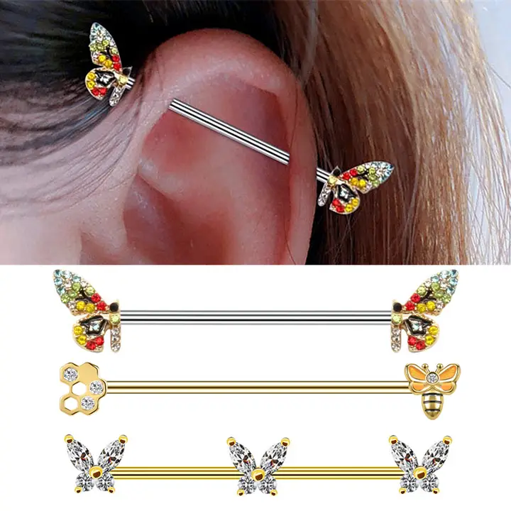 チタン鋼製ピアス【花と蜂のデザイン・ロングイヤーブリッジ・両耳対応】