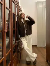 冬用 やわらかい白色ストレートデニムパンツ【高腰・ワイドレッグ・女性用・保温加厚】
