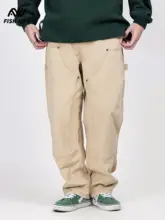 ヴィンテージ風 休暇用パンツ【ウォッシュ加工・ゆったりストレート・ダブルニーパッチ付き】（セットアップ対応）