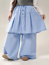 ブルーのストライプワイドレッグスカートパンツ【コーデ・カジュアルパンツ・トップス】（セットアップ対応）