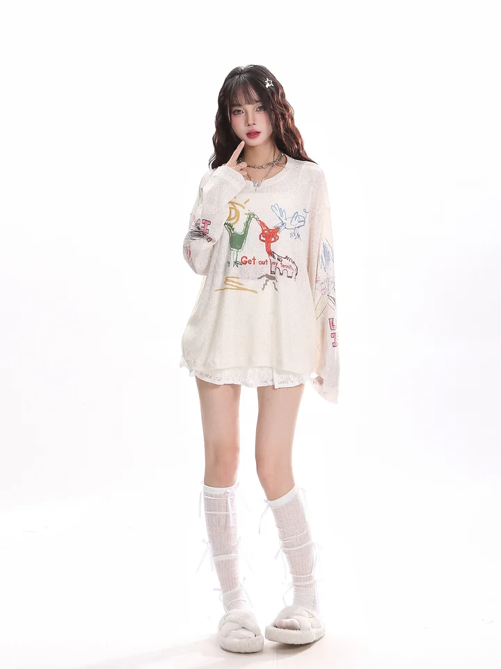 春季用の防晒Tシャツ【楽しいプリント・長袖・ゆったりフィット】