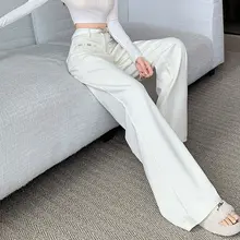 豪華なビジュー付きポケットデザインのハイウエストワイドパンツ【秋冬用・スリムフィット】