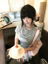 パールチェーンデザインのプリントショートスリーブTシャツ【レディース・コットン・フィット感良好】