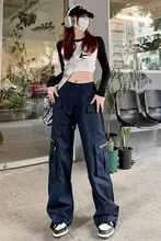 アメリカンスタイルのダークブルー ストレートレッグ ワークパンツ【高ウエスト・ワイドレッグ・フィット】（セットアップ対応）