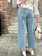 リボン付きのレトロウォッシュハイウエストストレートデニムパンツ【ワイドレッグ】