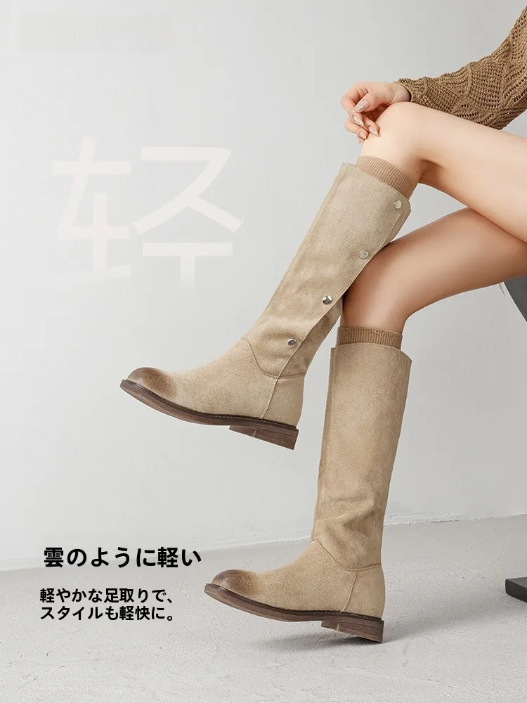 厚底ロングブーツ：冬用レトロ風ブラウンで足の疲れを軽減する実用性
