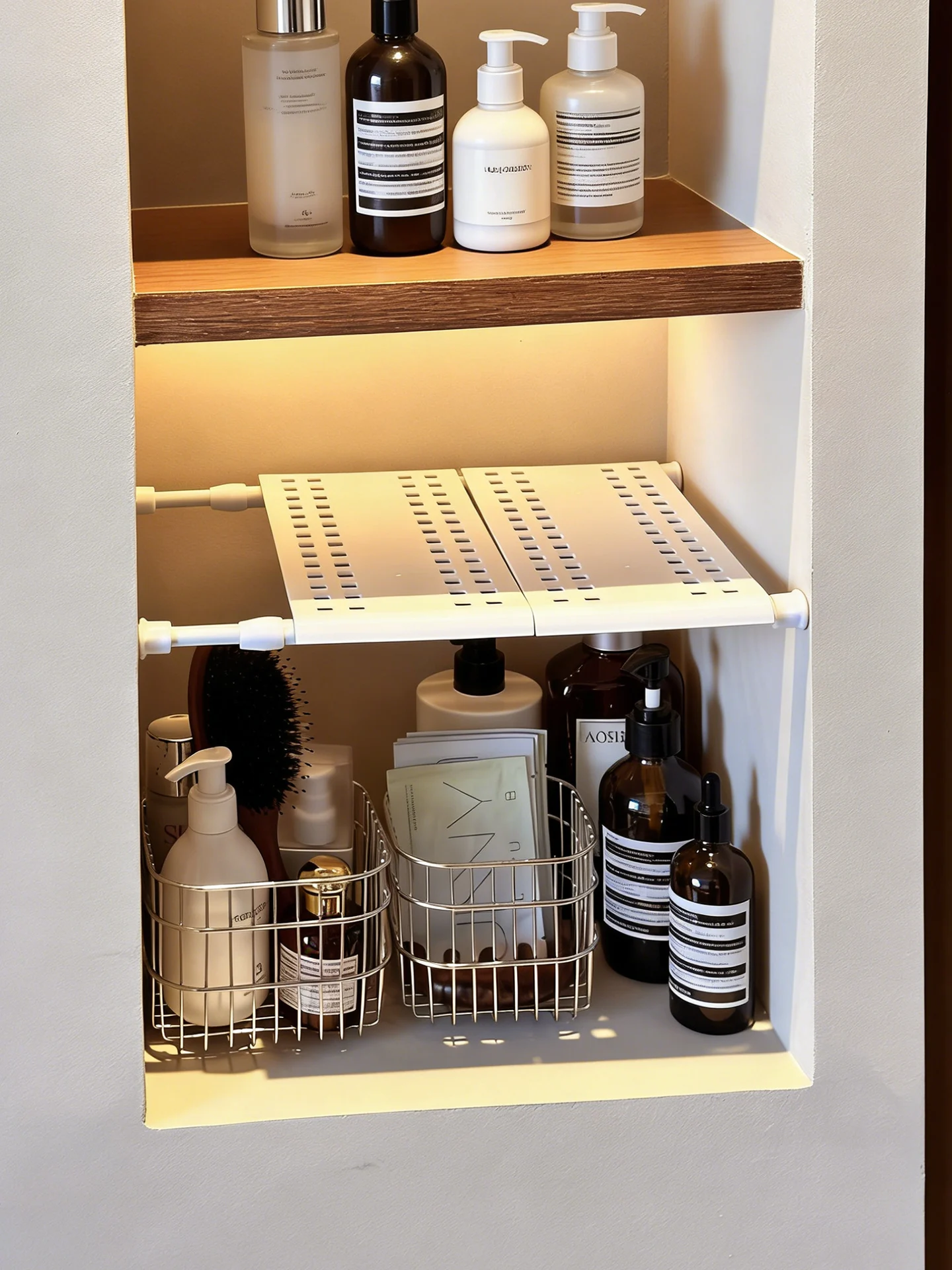 浴室用壁龛分割棚：穴あけ不要の収納ラックで効率的に個人ケア用品を整理