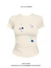 半袖Tシャツ レディース 韓流 オリジナルデザイン ギャル フィット 着痩せ クロップド ウエストマーク 春夏 トップス 「M77」