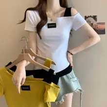 コントラストカラーのオフショルダー半袖Tシャツ【レディース・体型カバー・カジュアル】（セットアップ対応）