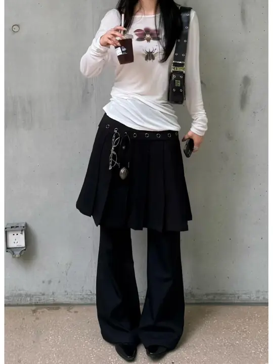 大きいサイズの韓国風ブラックパンツ【スカート重ね着・一体型・ビジネスカジュアル】（セットアップ対応）